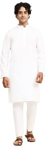 SKAVIJ Herren Tunika Baumwolle Kurta Schlafanzug indisch Yoga Zwanglos Kleid Satz Weiß_3XL