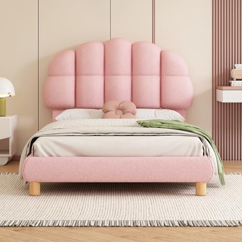 BRILVERDE 90x200cm Kreisvlies-Polsterbett, Einzelbett mit Holzlattenrost, Jugendbett mit Höhenverstellbares Kopfteil, Kinderbett, Gepolstertes Bett, für Kinder & Jugendliche, Ohne Matratze (Rosa)