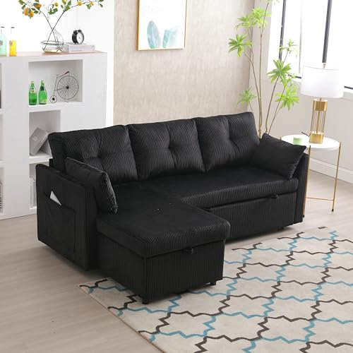 Soweiz Multifunktionales Schlafsofa mit ausziehbarem Bett, Schlafsofa mit austauschbarer Chaiselongue, Sofagarnitur mit Aufbewahrungssitz, L-förmiges Sofa, Ecksofagarnitur für Wohnzimmer (Black)