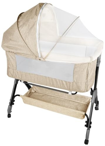 Berceau Cododo avec Matelas et Moustiquaire, Maille Respirante, Moustiquaire, 2 in 1 Lit Bébé Cododo pour Les Bébés de 0 à 36 Mois Pliable -104*52*100-110 cm (4 niveaux de hauteur) - blanc cassé