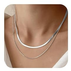 Halora Kette Silber Damen Choker Goldene Kette Frauen 14k Silver Plated Herringbone Chain Necklace Layered Choker Necklace for Women (2pcs chain necklace silver)