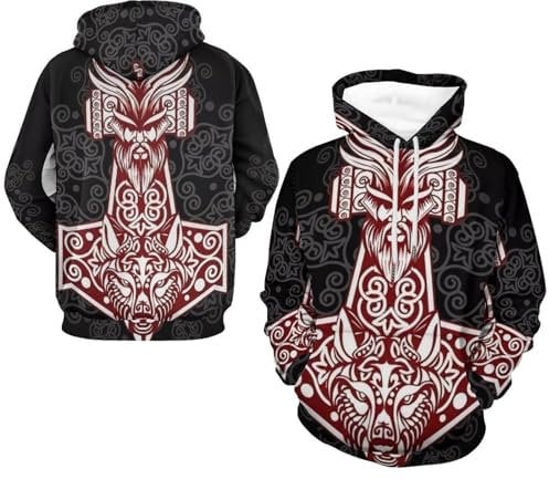 YUERYXH 3D-Druck Wikinger Wolf Hoodies, Unisex Paare Große Taschen Leichtes Sweatshirt, Frühling Herbst Lockerer Langarmpullover(Thor's Hammer,3XL)