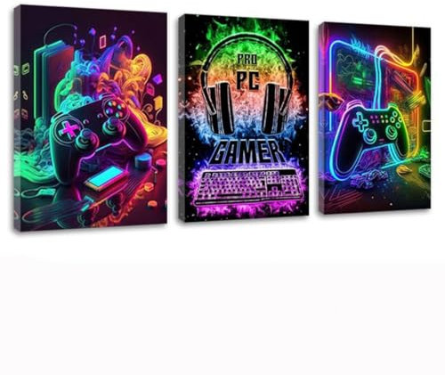 3 Pcs Gamer Posters Jeu Vidéo Déco, Affiche de Jeu avec Cadre, Decoration Murale Chambre Gaming, Art Toile Peinture Photo pour Playrooom, Garçons Chambre, dortoir 30 x 40 cm (Les néons)