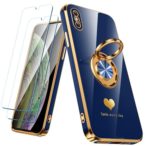 Nonional Compatible for iPhone X/XS Case with 2 Pack Screen Protector, 360° Rotatable Ring Holder [Luxury Hearts Pattern] Plating Gold Edge Slim Soft Phone Case for iPhone X/XS - Blue