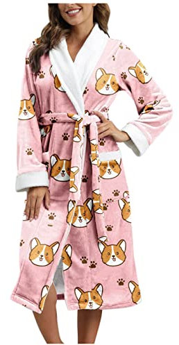 Peignoir long et chaud en polaire pour femme avec col châle/capuche avec impression animale, peignoir de bain épais, peignoir d'intérieur, peignoir en éponge, poncho pour l'automne et l'hiver, rose, M