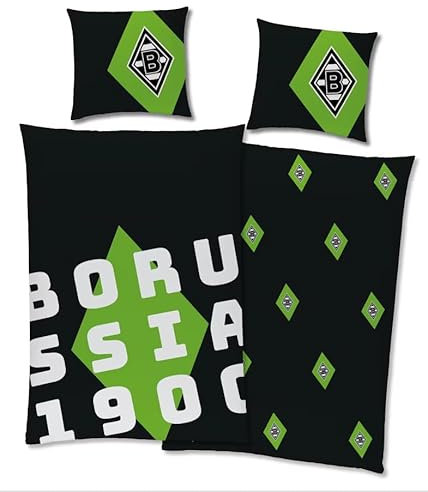 Borussia 1900 Bettwäsche Wendebettwäsche, Borussia M'gladbach, 2-teilig, 135x200cm Decke, 80x80cm Kissen, Baumwolle, Schwarz, Abstrakt, Atmungsaktiv, Maschinenwäsche