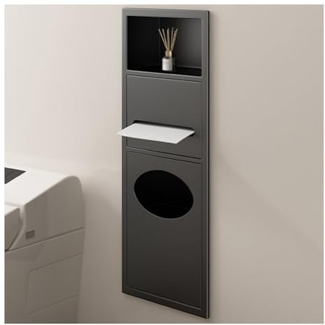 Étagère de niche de salle de bain en acier inoxydable noir avec étagère de rangement murale étanche et encastrée avec poubelle (63 x 20 x 13,5 cm)