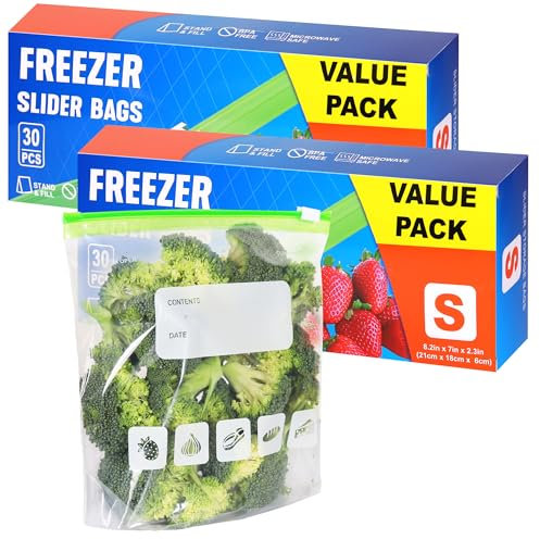 Ziplock Freezer Bags 60pcs, 1L Food Storage Bags BPA Free Sandwich Bag Reusable Zip Seal Plastic Bag with Expandable Bottom for Food, Meat, Grains, Fruits, Vegetables