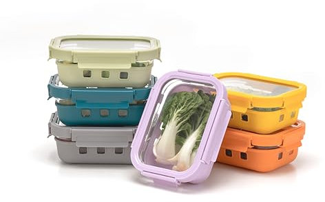 QuaLife Buntes Lunchbox-Set mit Gehärteten Glasdeckeln, Glasbehälter-Set (6 x 640 ml), Auslaufsicher, Stapelbar, Mikrowellen- & Spülmaschinengeeignet, BPA-frei, Perfekt für Meal Prep