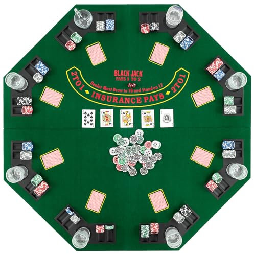 DREAMADE Faltbarer Pokerauflage für 8 Spieler, Pokertisch Spieltisch Matte mit Getränkehalter & Tragetasche inkl., achteckig Holzverstärkt, Pokermatte 120 x 120 cm