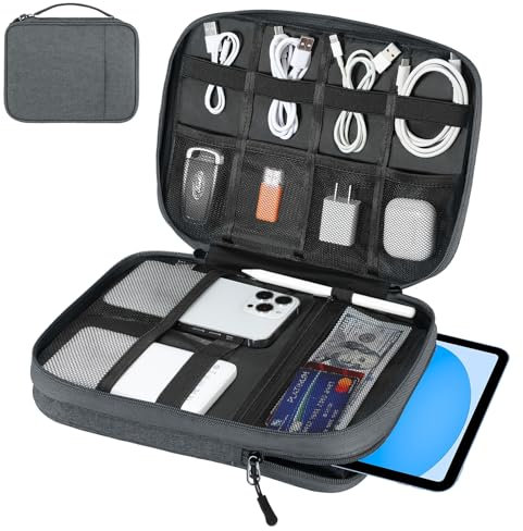 Dadanism Bolsa Organizadora Cables Universal de Viaje, Electrónicos Accesorios Cable Organizer Bag de Doble Capa para Tabletas de 9-11, Phone, Cable, Cargador, Power Bank, Memoria USB, Gris Espacial