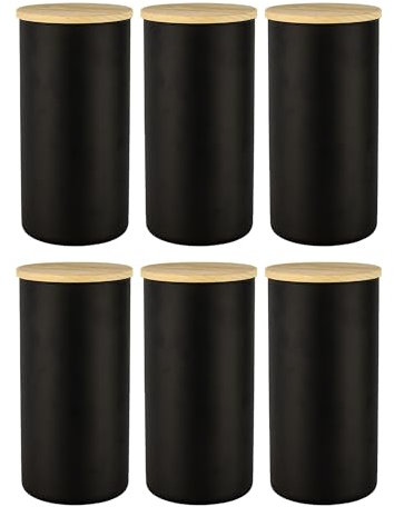 TREND FOR HOME 6 Schwarze Vorratsdosen Glas mit Deckel aus Holz Luftdicht 1385 ml/46.8oz Glasbehälter Vorratsgläser Set Tee Müsli Aufbewahrung Kaffeebohnen Behälter Gewürzgläser Eco Storage
