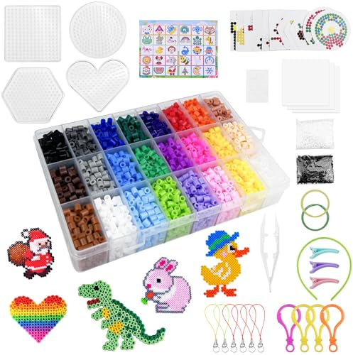 Cigrubo 6300 Bügelperlen Set 24 Farben, 5mm Steckperlen, Perlen Bastelset mit Sortierbox, Bügelperlen Platten, Bügelpapier, Muster, für Geburtstag Weihnachten Geschenk Kinder ab 6 Jahre DIY