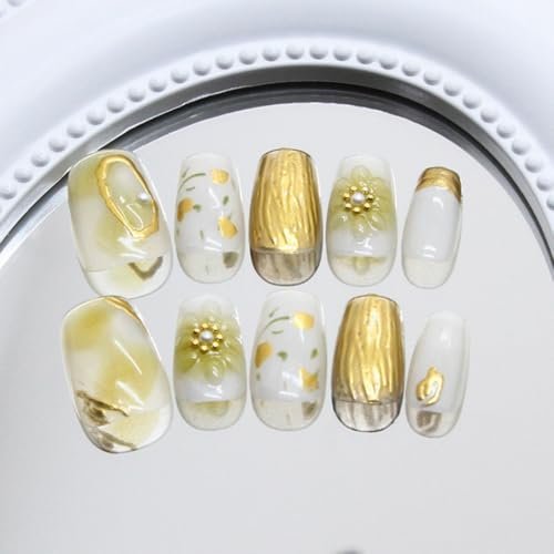 SXVME Gold 3D Press on Nails Short Square, Flora Spring Fake Nails with Designs, Coffin Glue on nails with Diamond, Thick Cute Extra Short Nails for Women and Girls, 30 Pcs