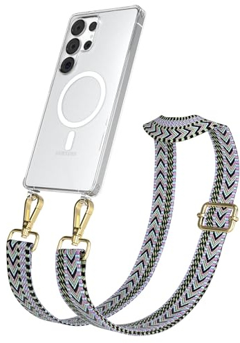EAZY CASE Handykette - Verstellbares Taschenband kompatibel mit Galaxy S25 Ultra, Schulterriemen, Handykordel mit Silikon Hülle, Qi Charging kompatibel, Umhängetasche, Lila Grün Gold