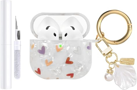 AIIEKZ Compatible with AirPods 4 Case Cover 2024,Soft TPU Case with Shell Pattern for AirPods 4th Generation Case with Pearl Shell Keychain and Cleaning Kit for Girls Women (Love Heart)