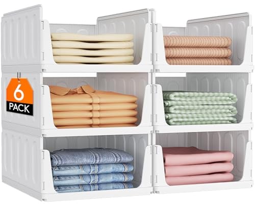 Lifewit 6 Pack Wardrobe Storage Organiser Stackable for Clothes 41 cm Depth | Hat Boxes, Plastic Storage Basket Closet Organizer, Cupboard Shelves for RV, Bathroom, Kitchen, Laundry Room, Office, Dorm
