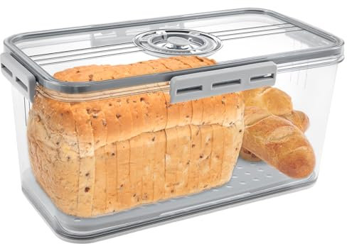 Bread Bin Airtight Bread Box,Time Recording Bread Box with Lid, Clear Breads Bins Storage for Kitchen Countertop, Plastic Breads Keeper with Air Valve for Bun Bagel Sandwich (Grey-32.5X17.5X15.3CM)