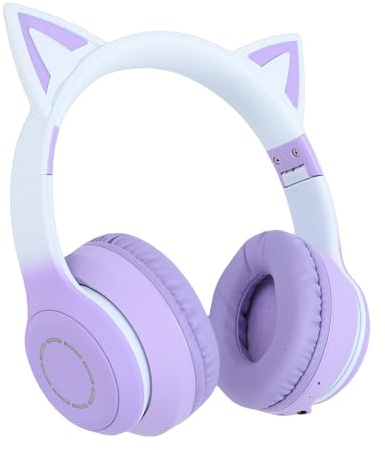 Zunate Cat Ear RGB Bluetooth Kopfhörer, 15 Stunden Spielzeit, Kabellos, Faltbar und Kabelgebunden, Multifunktions Over Ear Gaming Headset mit 3,5 mm AUX Kabel und Mikrofon mit (Purple)
