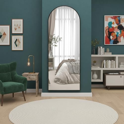 PengGengA Espejo de Cuerpo Entero Espejos de Suelo Arqueado con Soporte, Marco de Aleación de Aluminio, Cristal Templado, para Dormitorio, Salón, Vestuario, Navidad - Negro, 165x57cm | 65 L x 23 W