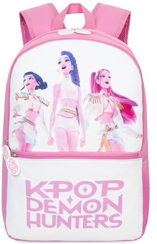 Get Trend Kpop Demon Hunters Huntrix Grand Sac a Dos Enfant Fille, 46 cm Cartable Enfant Fermeture Eclair et Rembourré, Ecole ou Voyage, Cadeau Fille (Rose/Blanc)