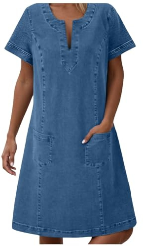 Robe en jean élégante et décontractée sans manches pour femme, été, col rond, trapèze, mini, avec poches, 2025, pour semi-formel, bleu, 3XL