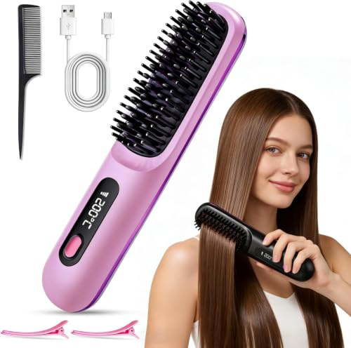 Isheurg Stylingbürste für Kurze Haare,Glättbürste Kabellos mit LED-Anzeige,Glättungskamm verhindert Haarziehen, 25s Schneller Keramikerwärmung,3 Wärmestufen für Reisen,Haarfreundliches
