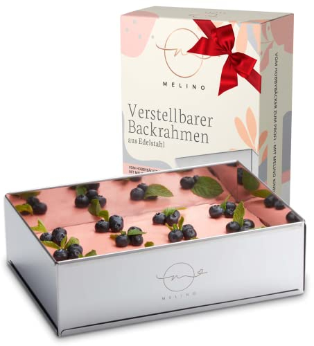 Melino ® Backrahmen rechteckig verstellbar - Extra stabile Backform eckig für exzellente Backergebnisse | stufenlos verstellbar, für Konditoren und Hobbybäcker (24,4 x 17cm bis 48,5 x 33 cm)
