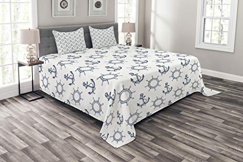 ABAKUHAUS Anker Tagesdecke Set, Retro maritimes Design, Set mit Kissenbezügen Waschbar, für Doppelbetten 220 x 220 cm, Marineblau Weiß