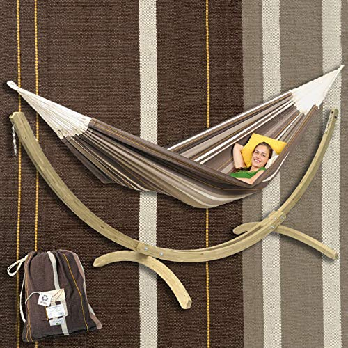 XXL Familien-Hängematte mit FSC Holz-Gestell KOMPLETT-SET ? 4 Personen bis 200 kg | Amazonas Paradiso Café Braun-Creme + Olymp NATUR