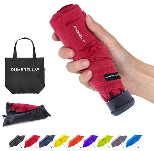 RUMBRELLA Mini Umbrella, Ultra Lightweight Small Pocket UV Umbrella, Black | Compact Folding Sun & Rain Umbrella with Deformable Shopping Bag Cover, Fast Dry UPF 50+ UV Protection Brolly