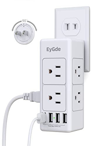2 Prong Power Strip with Rotating Plug, Multi Plug Outlet Extender, Multiple Outlet Splitter(3 Sided 6 Sockets) and 4 USB Ports, Wall Adapter Surge Protector (1700J) for Travel, Office, White