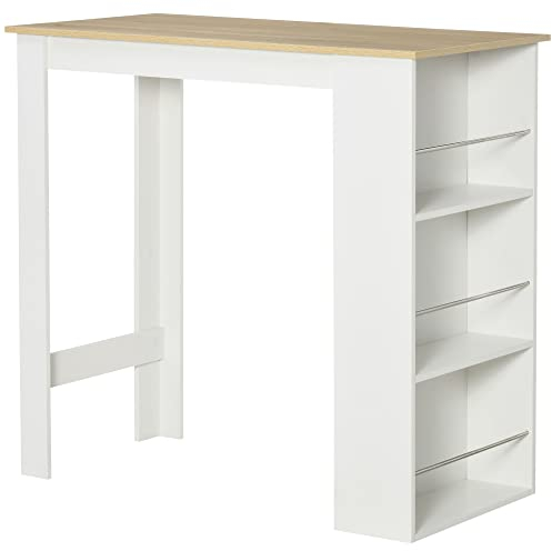 HOMCOM Table de Bar Table Haute de Cuisine Mange-Debout comptoir - dim. 112L x 57l x 106H cm - 3 étagères - Aspect chêne Clair Blanc