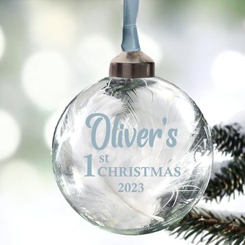 Personalised First Christmas Bauble In 11 Colours Filled With White Feathers Babies 1st Xmas tree decoration (Blue)