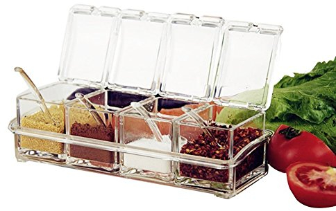 Crystal Seasoning Acrylic Spice Dispenser Jar Cruet Kitchen Salt Box Storage Container Condiment Jars Cruet with Cover Spoon-Kitchen Utensils Supplies 4Pcs Set