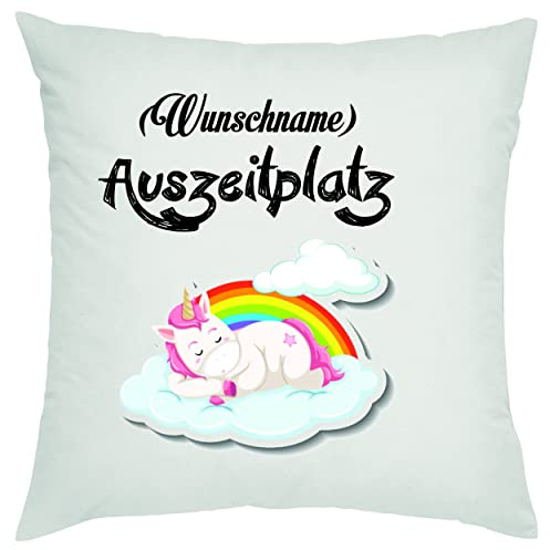 Crealuxe Auszeitplatz (Wunschname) Einhorn Zierkissen, Sofakissen, bedrucktes Kissen, Baumwollkissen