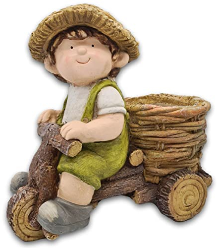 Wichtelstube-Kollektion XL Gartenfigur Martin auf Dreirad Dekofigur mit Blumentopf Outdoor 40cm hoch 40cm breit Gartenfiguren Wetterfest für Außen Gartendeko