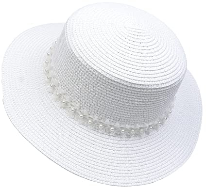 JK Home Pliable Chapeau de Soleil Femme Panama en Paille Capeline Large Bord avec Ruban Mariage Plage Blanc