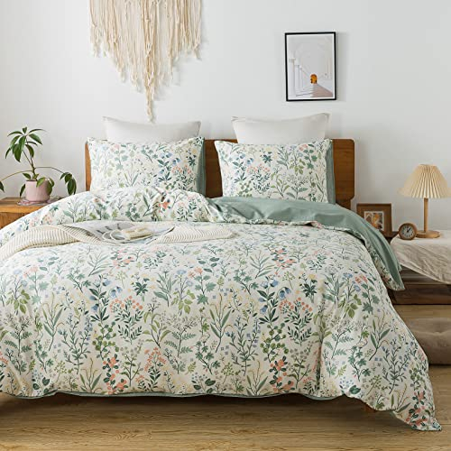 HoneiLife Duvet Dover King Size – 100% Baumwolle, Bettbezug, Blumenmuster, atmungsaktiver Bettbezug mit Reißverschluss und Eckbändern, 3-teiliges Wildblumen-Bettwäsche-Set, duftendes Gras