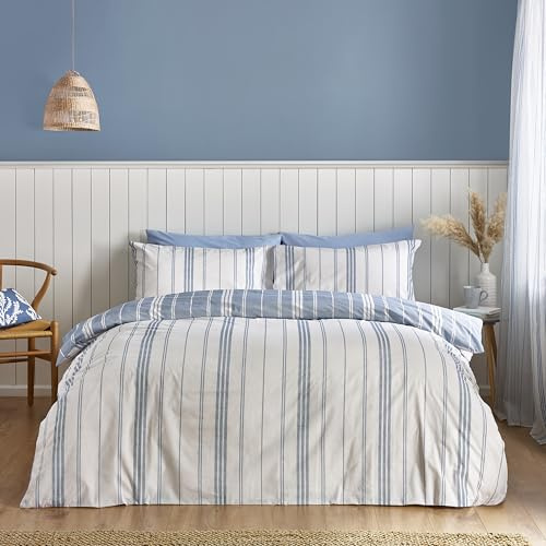 Catherine Lansfield Harbour Stripe Wende-Bettwäsche-Set mit Kissenbezügen, für Super-Kingsize-Bett, Blau