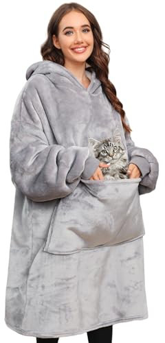 Yuson Girl Neutraler Kapuzenpulli mit Taschen Haustiermuster Winter Warm Übergröße Decke Sweatshirt Pullover mit Kapuze Langarm Kapuzenpulli Super Weich Bequem Riesen Kapuzenpulli(hellgrau)
