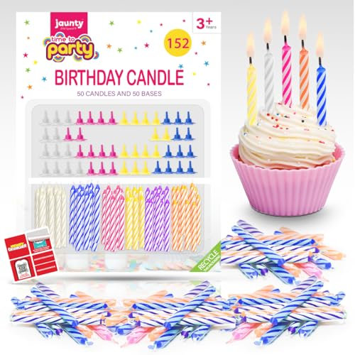 SOL 152pcs Birthday Candles for Cakes - Multicoloured Spiral Design with Holders, Non-Toxic Wax, Easy to Stick & Light, Drip-Free Cake Decorations for Birthdays, Parties & Special Celebrations