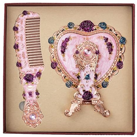 BYVUTE Ensemble de miroirs de poche, miroir de maquillage vintage en forme de cœur et peigne à motif floral antique château de princesse miroir de courtoisie cosmétique décoratif en relief brosse à