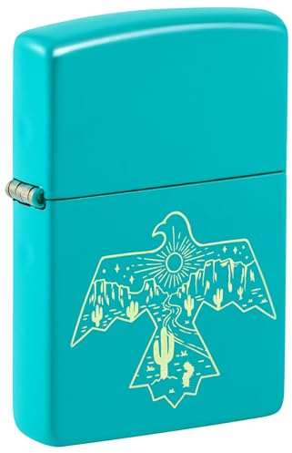 Zippo Sturmfeuerzeug - Western Thunderbird, Flat Turquoise, Laser Engrave - Nachfüllbar - Wiederverwendbar - Windfestes Design - Geschenkbox - Made in USA