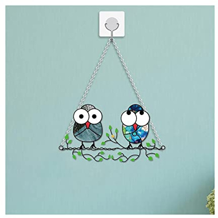 Fensterbehänge Niedlicher Eulen-Fensterbehang, Fenstertüren, Dekoration, Mehrfarbig, hängende Eulen auf einem Draht, befleckter Suncatcher-Panel-Anhänger Home-Office-Dekoration