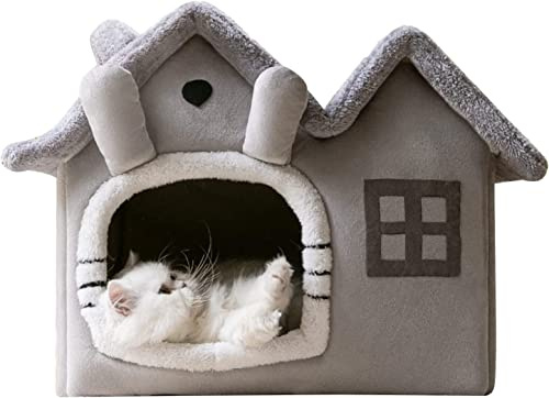Katzenbetten Für Hauskatzen – Katzenbetthöhle Mit Herausnehmbarem, Waschbarem, Gepolstertem Kissen, Beruhigende, Gemütliche, Weiche Katzenhöhle,Grau,M
