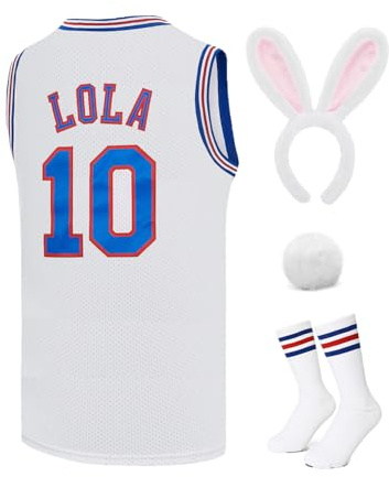 Resbai Herren Basketballtrikot #10 Lola/#1 Bugs Halloween Kostüme Weltraum 90er Jahre Movie Jersey Weiß/Rot/Schwarz XS-XXL, #10 Weiß, L