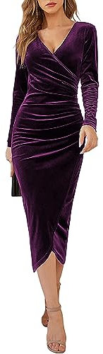 Yutdeng Robe de Femme Robe à Manches Longues Moulante Col en V Robe de Soirée Robe de Cocktail en Velours Automne et Hiver Élégant Robe de Fête Vintage Cérémonie Dress,Violet,S