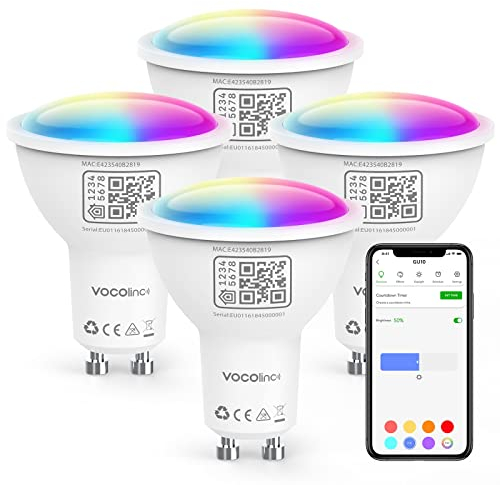 VOCOlinc GU10 WLAN Smarte Glühbirne, RGBW LED Lampe Kompatibel mit Apple HomeKit, Alexa und Google Assistant, Smart Bulbs Dimmbar per App oder Sprache, 4.5W=50W, 2200K–7000K Warm/Kaltweiß, 4 Stück