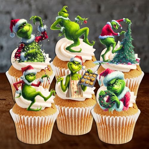 PRECUT Green Man Cupcake Toppers #1, Edible Christmas Cake Decorations, Grinch Xmas Cakes Topper (12)
